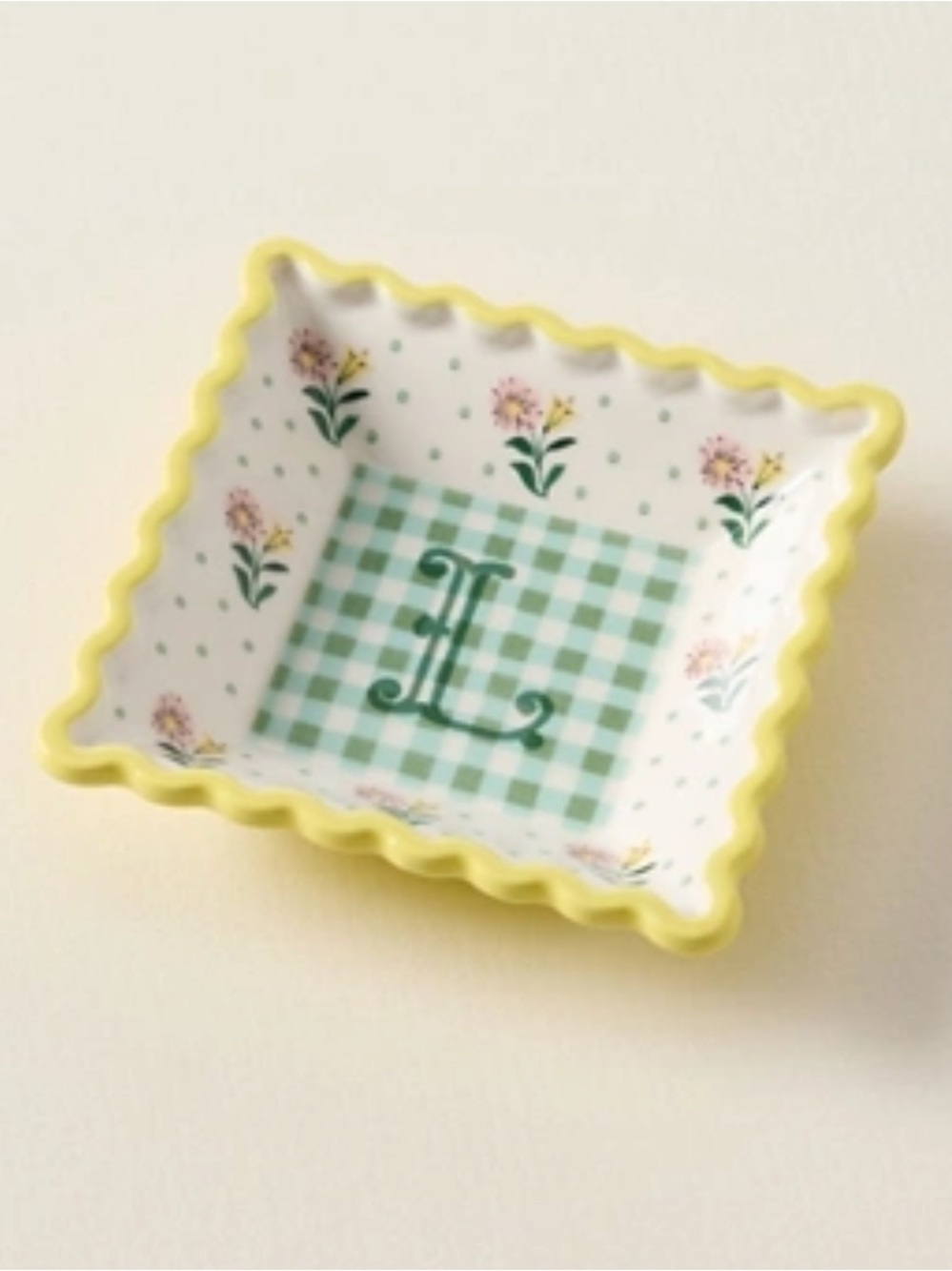 Anthropologie Monogram L Stoneware Trinket Dish Dice Holder in Green Yellow